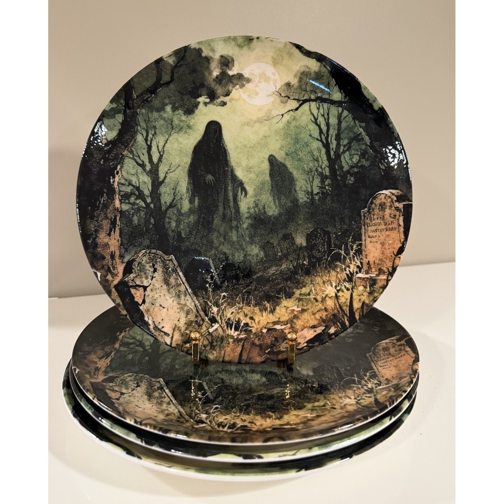 ZRIKE HALLOWEEN SET OF 4 DINNER PLATES SPOOKY HAUNTED GRAVEYARD NEW DESIGN